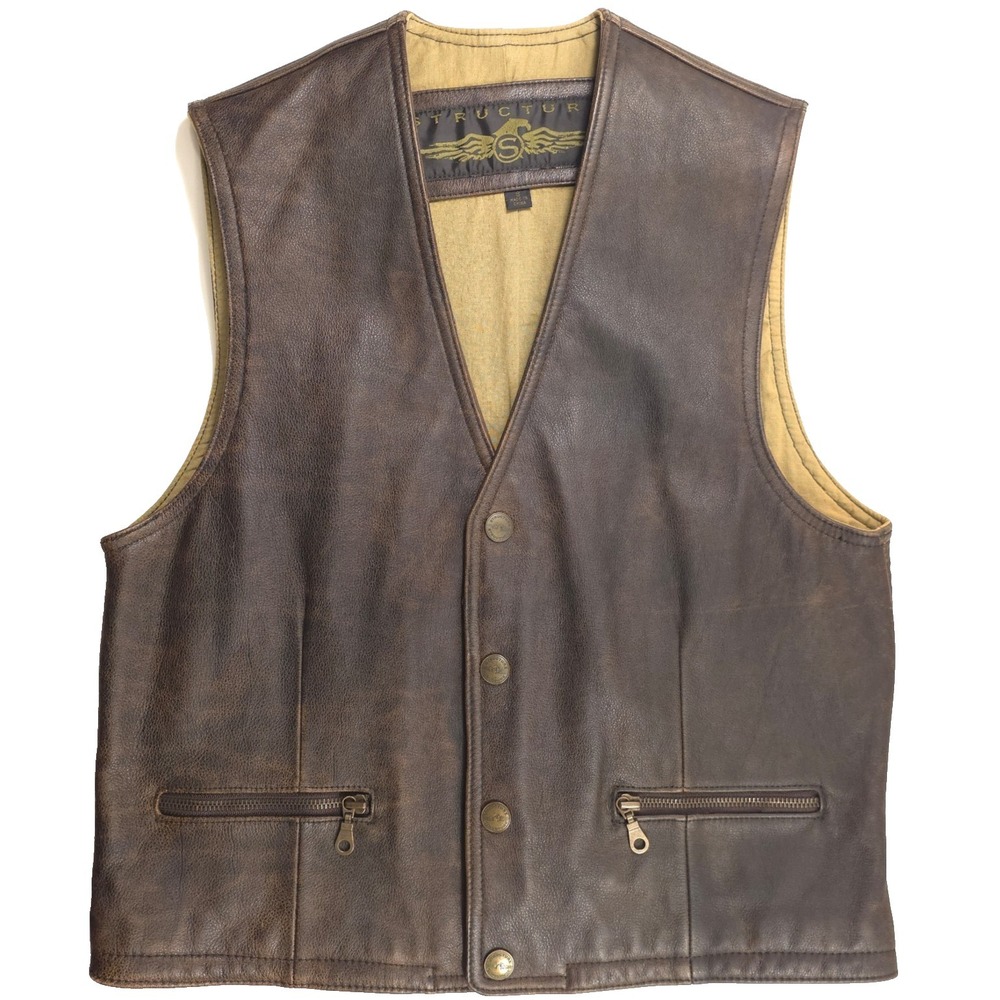 Structure Mens Leather Vest Small‎ Brown Distressed Biker Moto Western Gilet